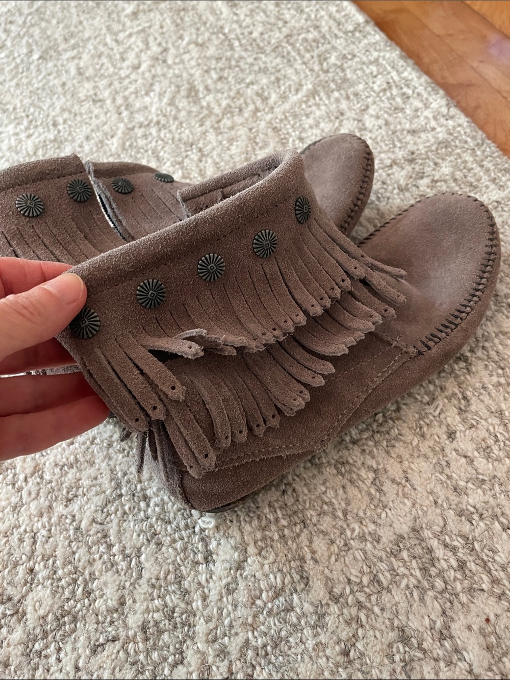 Minnetonka Taupe Suede Fringe Moccasins